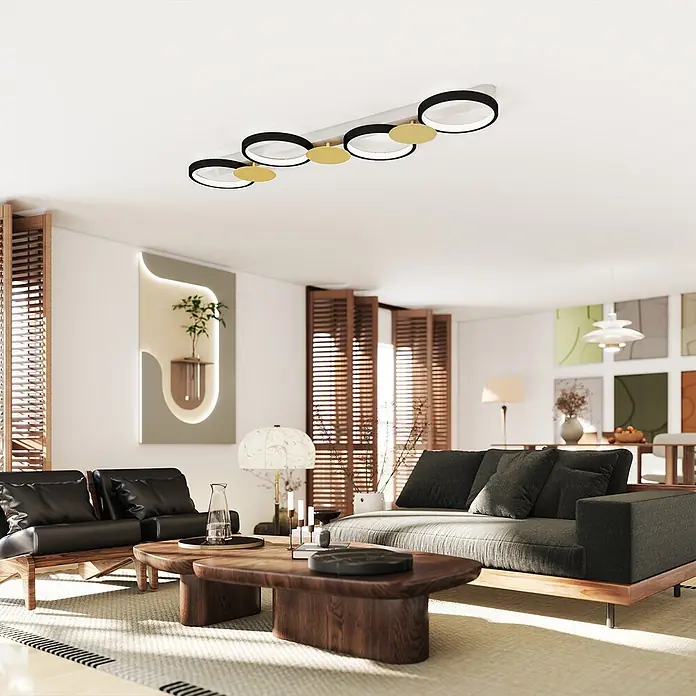 Homcom Deckenleuchte - 38 W, L x B x H: 100 x 31 x 7 cm, Schwarz, Gold, Schwarz, Gold, Sonstige - Moderne Deckenleuchte mit schwarzen Ringen und goldfarbenen Akzenten, die helles weißes Licht in einem Wohnzimmer spendet.