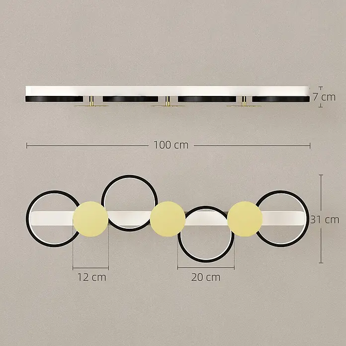 Homcom Deckenleuchte - 38 W, L x B x H: 100 x 31 x 7 cm, Schwarz, Gold, Schwarz, Gold, Sonstige - Moderne, lineare Wandleuchte mit weißem Sockel, schwarzen Ringen und goldenen Akzenten, 100 cm lang.