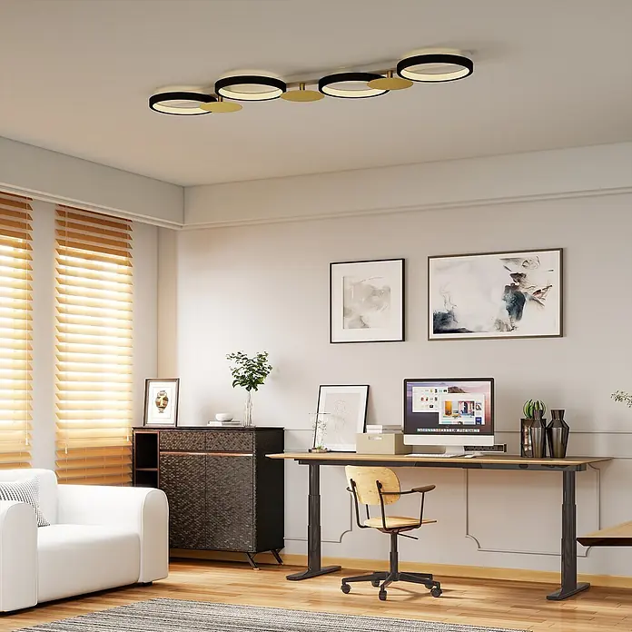 Homcom Deckenleuchte - 38 W, L x B x H: 100 x 31 x 7 cm, Schwarz, Gold, Schwarz, Gold, Sonstige - Moderne Deckenleuchte mit fünf schwarzen und goldenen Ringen, die einen zeitgenössischen Raum beleuchtet.