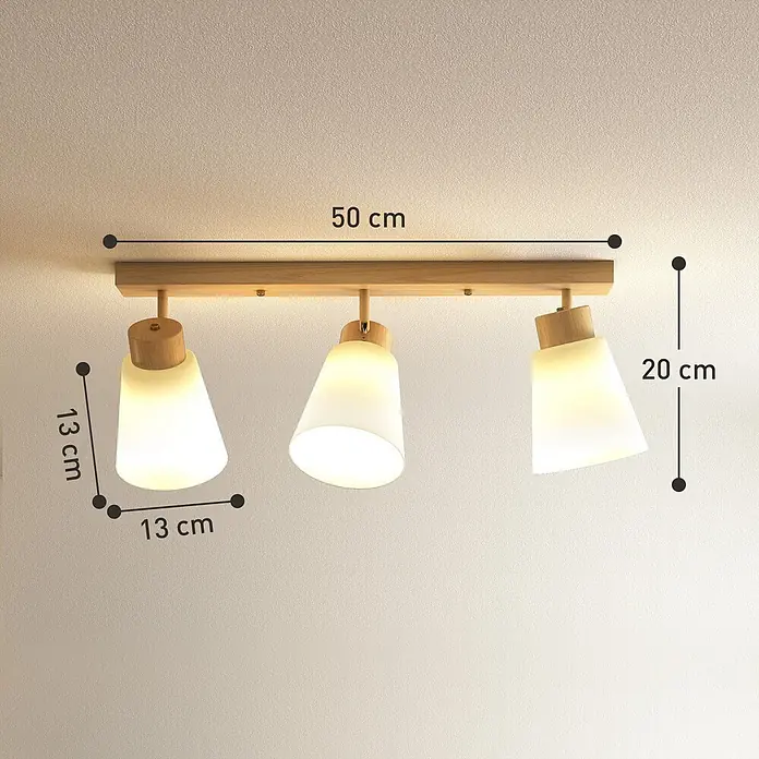 Homcom Deckenleuchte - 40 W, L x B x H: 50 x 13 x 20 cm, Naturholz, Weiß, E27 - Deckenleuchte aus Holz mit drei verstellbaren weißen Glasschirmen. Maße: 50 cm lang, 20 cm hoch, Schirm 13x13 cm.