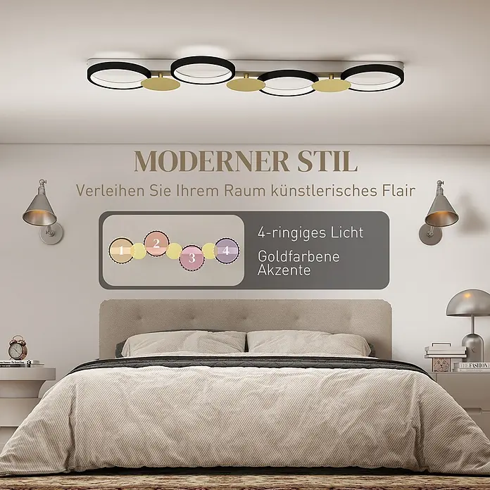 Homcom Deckenleuchte - 38 W, L x B x H: 100 x 31 x 7 cm, Schwarz, Gold, Schwarz, Gold, Sonstige - Moderne 4-Ring-Deckenleuchte mit schwarzen Fassungen und goldenen Akzenten, beleuchtet ein Schlafzimmer.