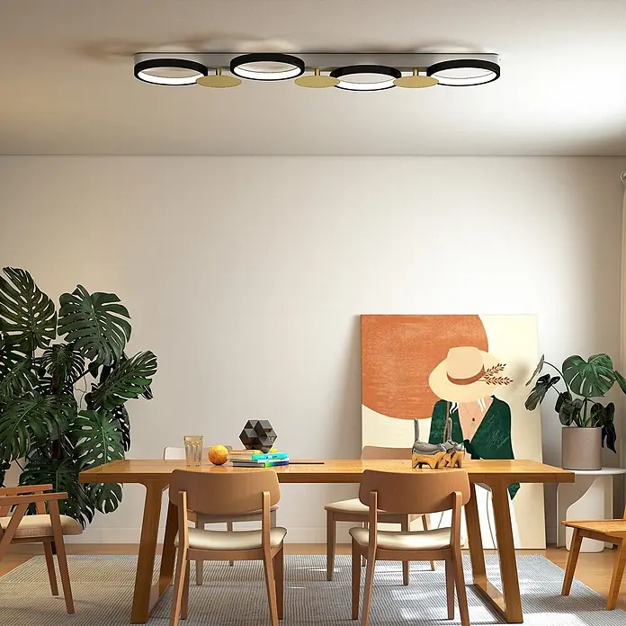 Homcom Deckenleuchte - 38 W, L x B x H: 100 x 31 x 7 cm, Schwarz, Gold, Schwarz, Gold, Sonstige - Moderne schwarze und goldene lineare Deckenleuchte mit runden Elementen, die einen Esstisch beleuchtet.