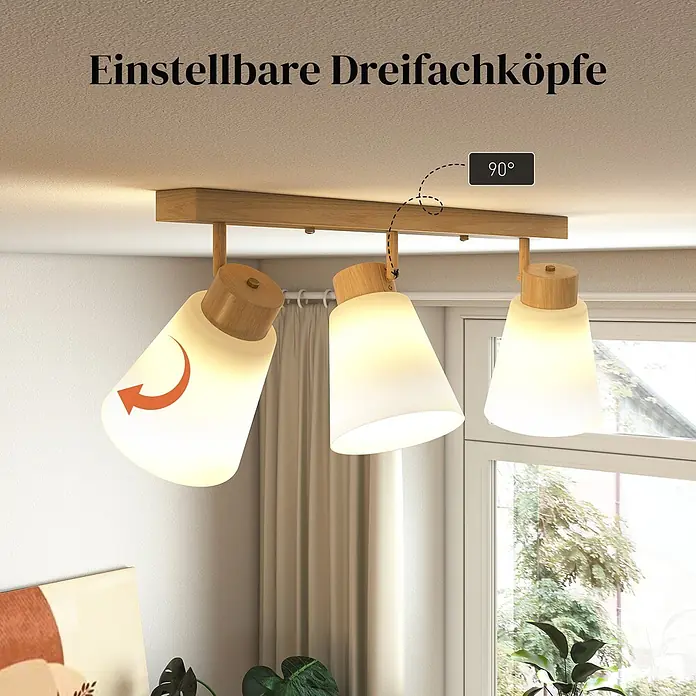 Homcom Deckenleuchte - 40 W, L x B x H: 50 x 13 x 20 cm, Naturholz, Weiß, E27 - Hölzerne Deckenleuchte mit drei verstellbaren Strahlern, weißen Glasschirmen und 90-Grad-Schwenkfunktion für flexible Beleuchtung.