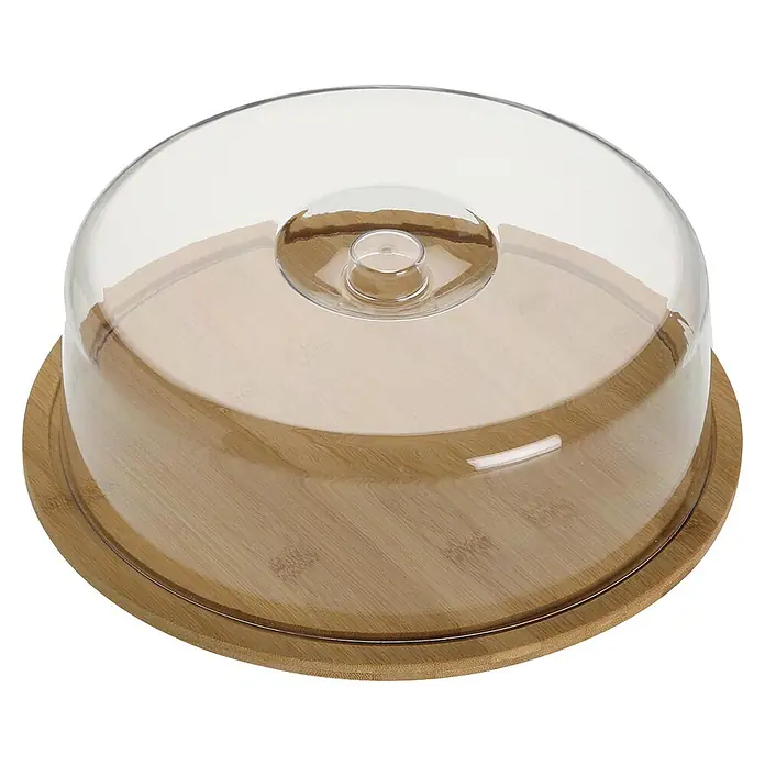 Versa Quesera con tapa - L x An x Al: 28,2 x 28,2 x 9 cm, Bambú - Plato de servir redondo de madera con tapa de cúpula transparente.