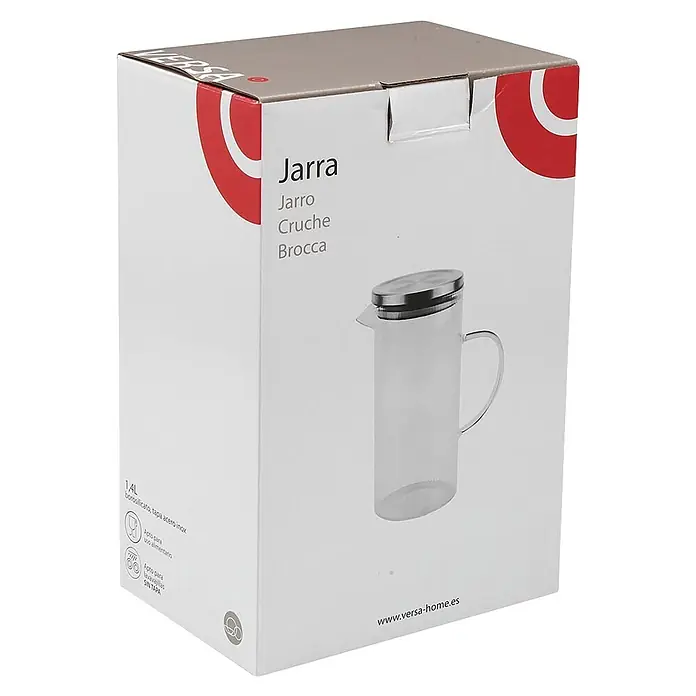 Versa Jarra borosilicato - 1,4 l, Plástico, Transparente - Caja blanca para jarra de cristal borosilicato de 1,4L con tapa de acero inoxidable. Etiquetada Jarra, apta para alimentos y lavavajillas sin tapa.