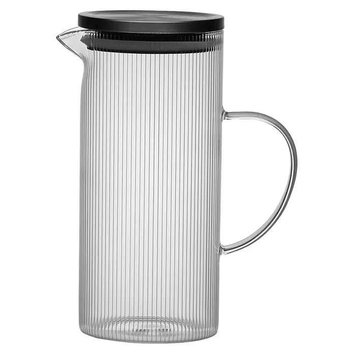 Versa Jarra borosilicato - 1,4 l, Plástico, Transparente - Jarra de cristal transparente con estrías verticales, tapa negra y asa transparente.