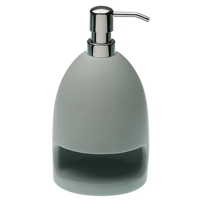 Versa Dispensador de jabón - Cerámica, Aguamarina - Dispensador de jabón gris claro con base transparente oscura y bomba cromada.