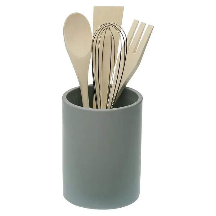 Versa Portacepillos portautensilios - Ø x Al: 10,5 x 23 cm, Aguamarina, Cerámica - Soporte cilíndrico gris para utensilios con cuchara de madera clara, espátula, tenedor ranurado y batidor metálico.