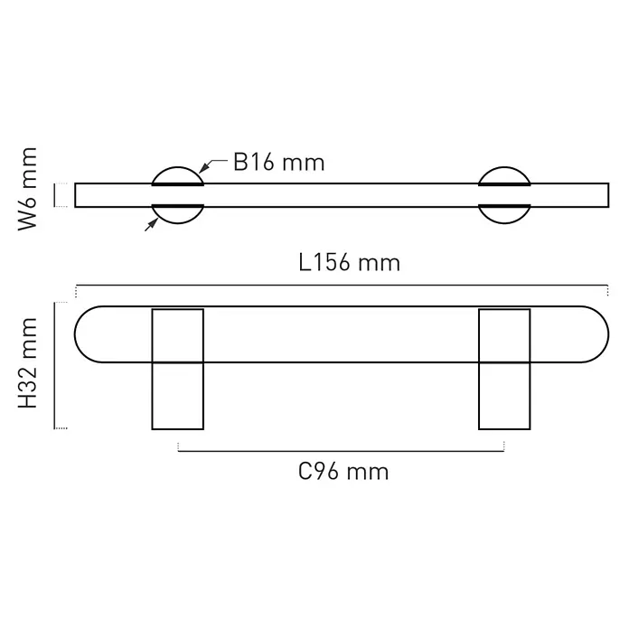 Nesu Tirador para muebles - Distancia entre orificios: 96 mm, Negro, 4 ud. - Dibujo técnico de un tirador de barra con extremos redondeados, L156mm de longitud total, H32mm de altura y C96mm de distancia entre orificios.