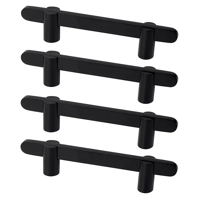 Nesu Tirador para muebles - Distancia entre orificios: 96 mm, Negro, 4 ud. - Cuatro tiradores de armario negros mate con diseño de barra rectangular.