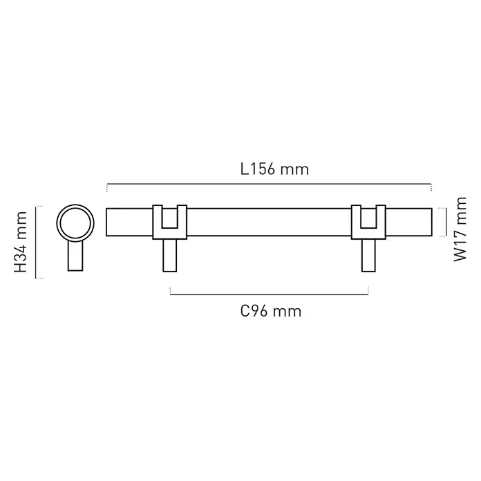 Nesu Tirador para muebles Doble Loop - Distancia entre orificios: 96 mm, Otros, Negro, 4 ud. - Dibujo dimensional de un tirador de mueble, mostrando longitud total L156mm, altura H34mm, anchura W17mm y distancia entre orificios C96mm.
