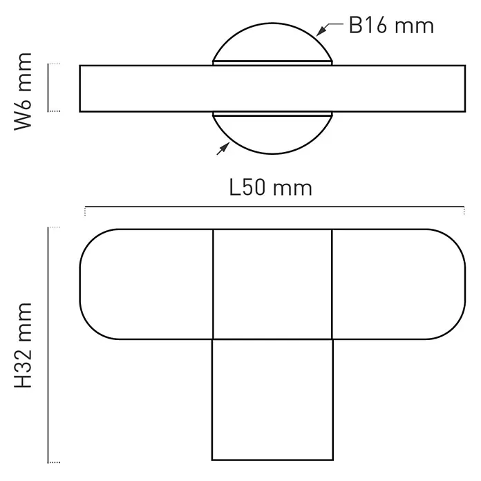 Nesu Tirador para muebles - L x Al: 50 x 32 mm, Bronce envejecido, 6 ud. - Dibujo dimensional de un componente de mango en T con extremos redondeados, L50, H32, W6, B16 mm.