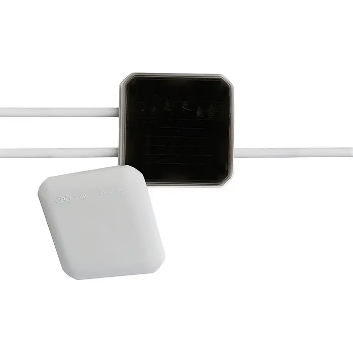 Cellpack Abzweigdose halogenfrei - 90 x 90 x 52 mm - Weiße Elektro-Abzweigdose für Kabel, offen mit abgenommenem Deckel, mit schwarzem Innenraum.