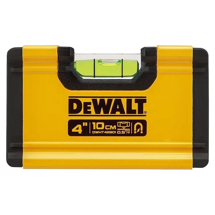 DeWalt Nivel de burbuja DWHT42801-5 - Largo: 100 mm, Aluminio - Un nivel de burbuja magnético DEWALT de 4 pulgadas (10 cm), amarillo y negro, con vial verde.