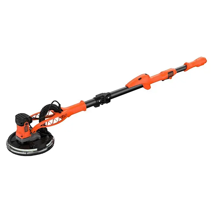 Black+Decker Lijadora de pared y techo BEDW700 - 710 W, Diámetro disco de lija: 225 mm - Lijadora de pared de brazo largo naranja y negra con iluminación LED integrada.