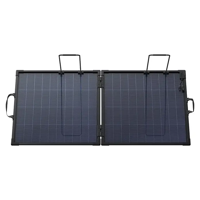Anker Solix Solarmodul SOLIX PS200 GEN2 - 200 W, L x B x H: 1.377 x 792 x 17 mm - Zwei dunkelgraue faltbare Solarmodule mit blauen Zellen, Griffen und U-förmigen Ständern.