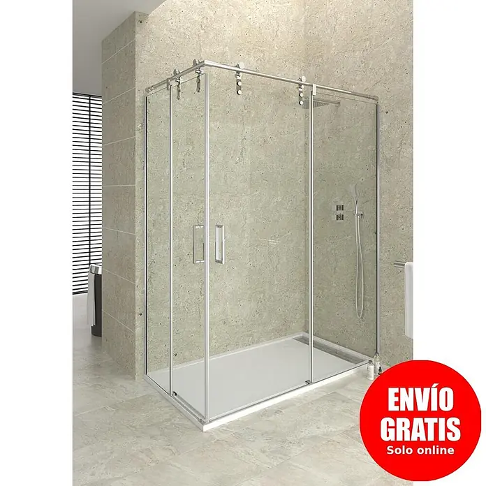 GME Mampara de ducha esquinera Moving Angular - L x An x Al: 80 x 90 x 199 cm, Vidrio transparente, Cromo - Mampara de ducha de cristal transparente con marcos cromados y plato de ducha blanco, instalada en un baño moderno.