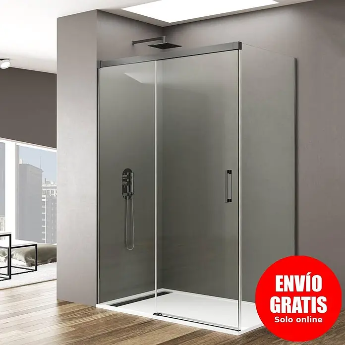 GME Mampara de ducha esquinera Basic - L x An x Al: 70 x 170 x 195 cm, Vidrio transparente, Titan - Mampara de ducha corredera de cristal transparente con perfilería negra y plato blanco en baño moderno.