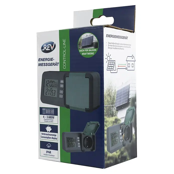 REV Energiekosten-Messgerät LCD-Display IP44 - Schwarz, Grün - Dunkelgraues/grünes Outdoor-Energiemessgerät mit Digitalanzeige für Verbrauch und Kosten, auch für Balkonkraftwerke geeignet.