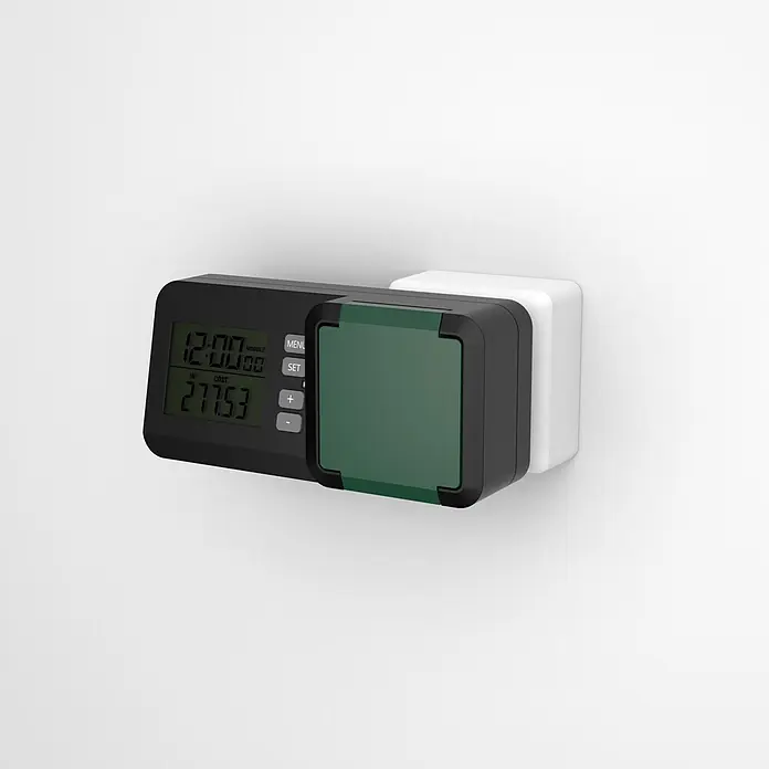 REV Energiekosten-Messgerät LCD-Display IP44 - Schwarz, Grün - Schwarzer und grüner digitaler Energiemonitor mit weißem Stecker, Anzeige für Zeit und Kosten sowie Bedientasten.