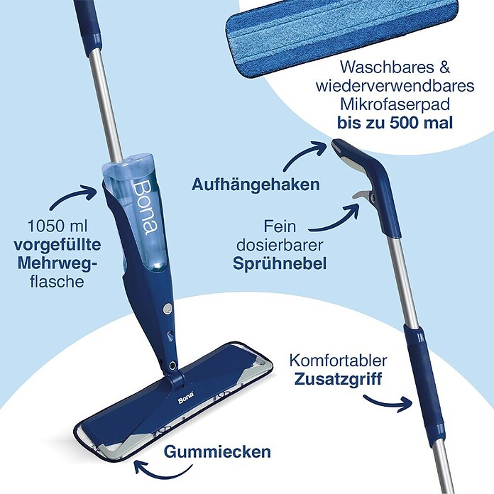 Bona Spray Mop für Holzfußböden (Mikrofaser, 1 x Bona Spray Mop, 1 x Bona Spray Mop Refiller (Kartusche), 1 x Bona Mikrofaser-Reinigungspad)