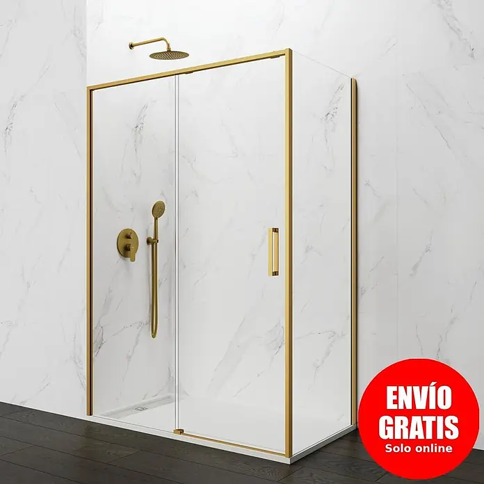 GME Mampara de ducha esquinera Twenty - L x An x Al: 80 x 120 x 195 cm, Vidrio transparente, Oro - Cabina de ducha con marcos dorados, ducha y grifo a juego, en un baño moderno con paredes de mármol blanco y suelo oscuro.