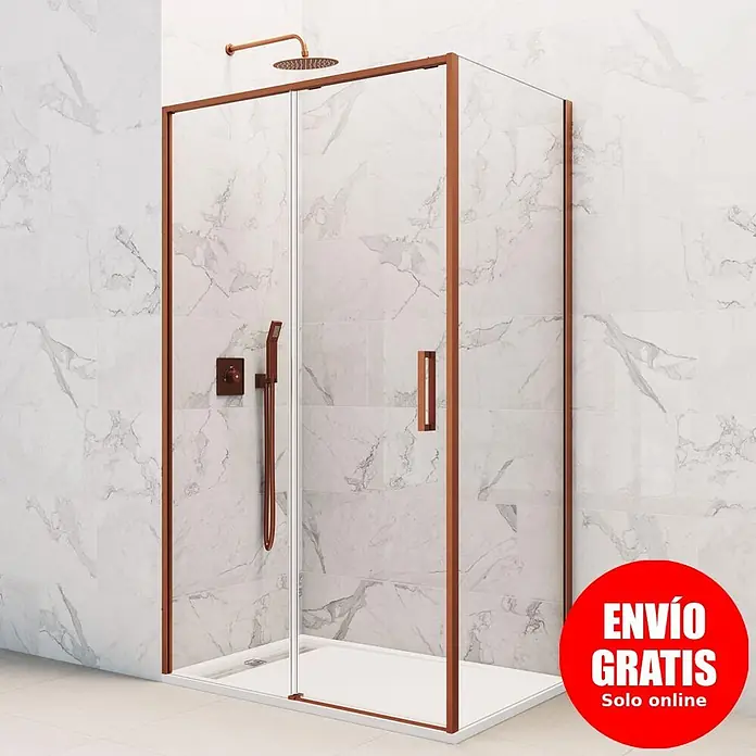 GME Mampara de ducha esquinera Twenty - L x An x Al: 70 x 115 x 195 cm, Vidrio transparente, Cobre - Mampara de ducha con marco de oro rosa y grifería a juego, instalada en un baño moderno y alicatado.