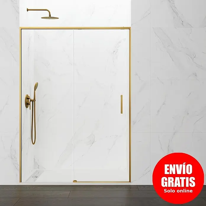 GME Mampara de ducha frontal Twenty - 120 x 195 cm, Espesor de vidrio: 6 mm, Oro - Mampara de ducha de cristal con marco dorado, con cabezal y ducha de mano dorados a juego.