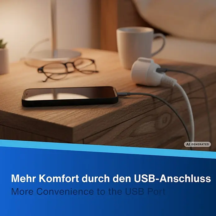 REV Verlängerungskabel Schutzkontakt mit USB-C - 3 m, Weiß - Ein weißes USB-Mehrfachladegerät ist an ein Smartphone auf einem Holznachttisch angeschlossen. Bietet Komfort durch USB-Konnektivität.