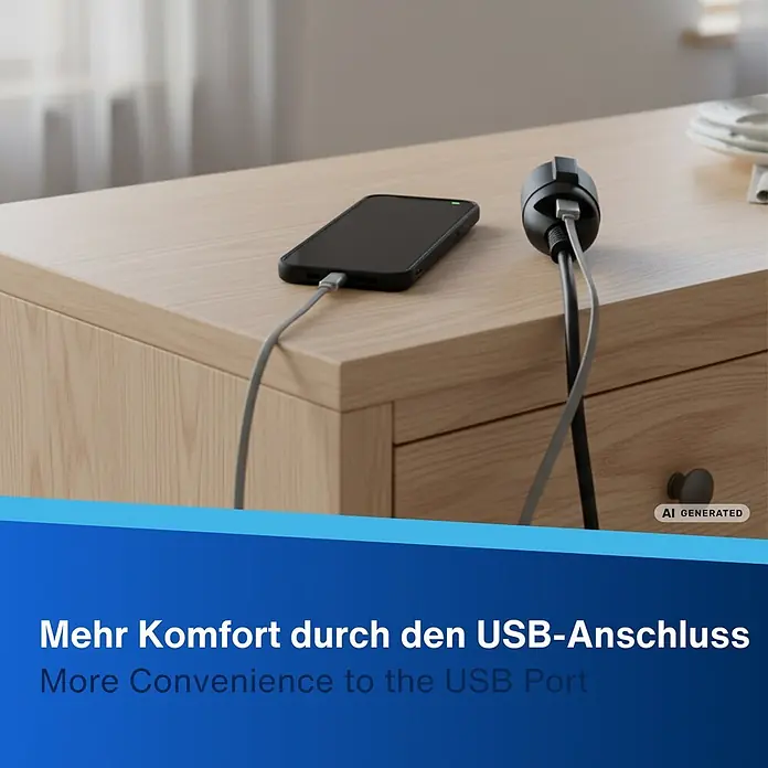 REV Verlängerungskabel Schutzkontakt mit USB-C - 3 m, Schwarz - Schwarzes Smartphone lädt über graues USB-Kabel von einem schwarzen Adapter auf hellem Holztisch.