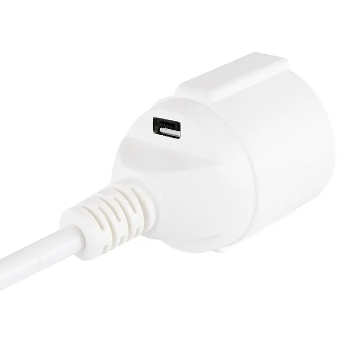 REV Verlängerungskabel Schutzkontakt mit USB-C - 3 m, Weiß - Weißer Kunststoff-Netzadapter mit einem USB-Anschluss.