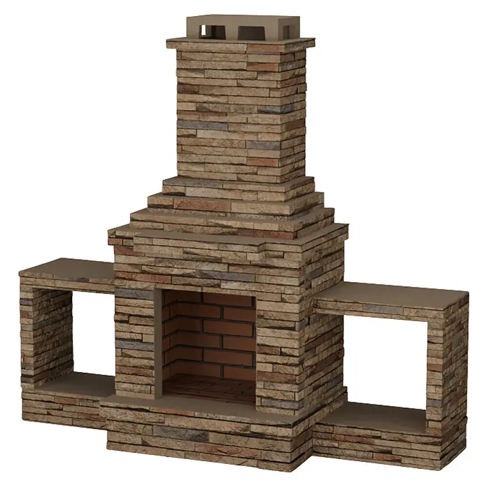 Sotnas Chimenea de exterior Sao Paulo - Castaño, An x Pr x Al: 210 x 70 x 195 cm, Cemento de aluminato de calcio - Chimenea exterior de piedra apilada marrón claro con interior de ladrillo y dos estantes laterales integrados.