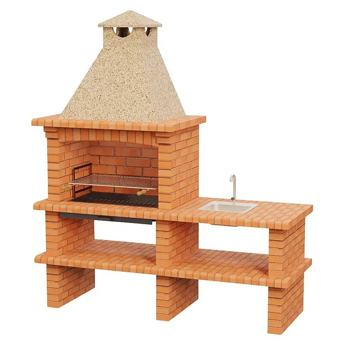 Sotnas Barbacoa de obra Barcelos Ladrillo con mesa - Crema/Ladrillo, An x Pr x Al: 202 x 73 x 231 cm, Superficie parrilla: 79 x 48 cm, Derecha con fregadero - Barbacoa de ladrillo con campana beige claro, parrilla metálica y fregadero integrado.