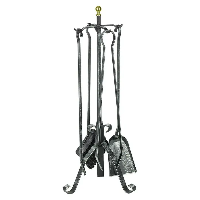 Lienbacher Kamingarnitur - 4 -tlg., Schmiedeeisen, Höhe: 66 cm - Kaminbesteck aus Metall mit goldenem Knauf, inklusive Schaufel, Besen, Schürhaken und Zange. Ideal für die Kaminpflege und -reinigung.