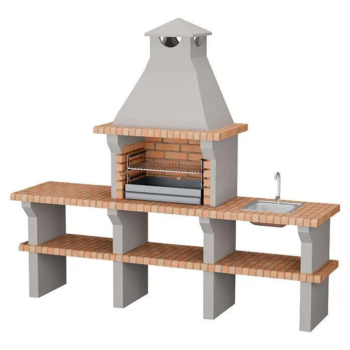 Sotnas Barbacoa de obra Benguela - Gris/Ladrillo, An x Pr x Al: 241 x 60 x 217 cm, Superficie parrilla: 60 x 38 cm, Con fregadero - Cocina de exterior con estructura de piedra gris claro, detalles de ladrillo marrón claro, barbacoa y fregadero integrados.
