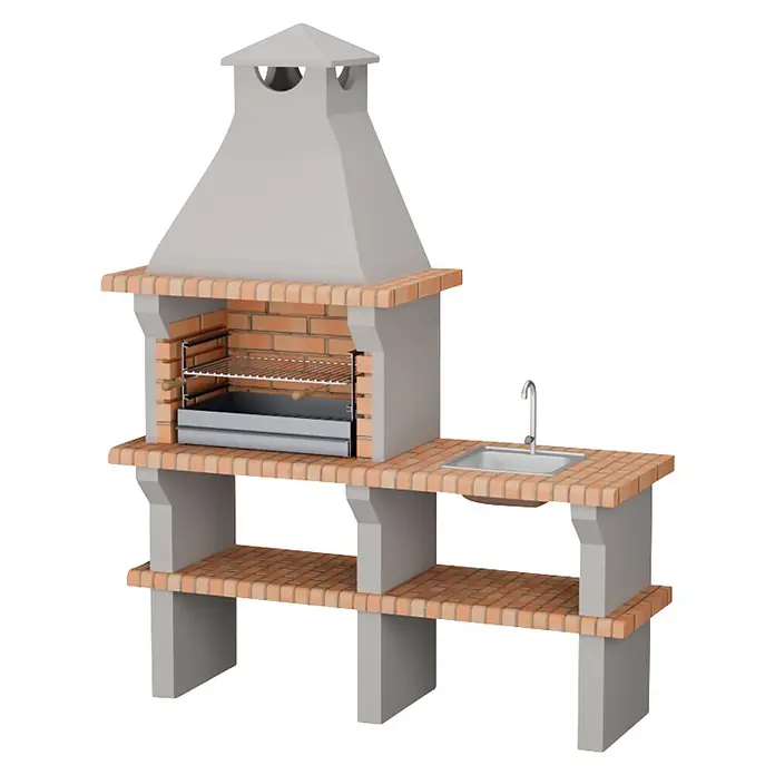 Sotnas Barbacoa de obra Benguela - Gris/Ladrillo, An x Pr x Al: 168 x 60 x 217 cm, Superficie parrilla: 60 x 38 cm, Con fregadero - Barbacoa de jardín de ladrillo y hormigón con chimenea, fregadero integrado y estantes inferiores.