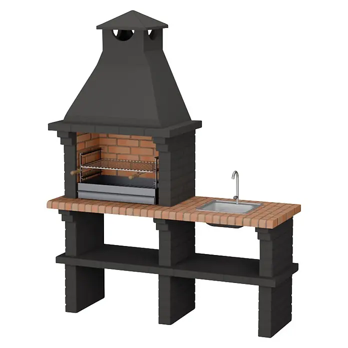 Sotnas Barbacoa de obra Monaco - Gris, An x Pr x Al: 168 x 60 x 217 cm, Superficie parrilla: 60 x 38 cm, Con fregadero - Barbacoa de ladrillo exterior con chimenea gris oscuro, fregadero integrado y estantes inferiores.