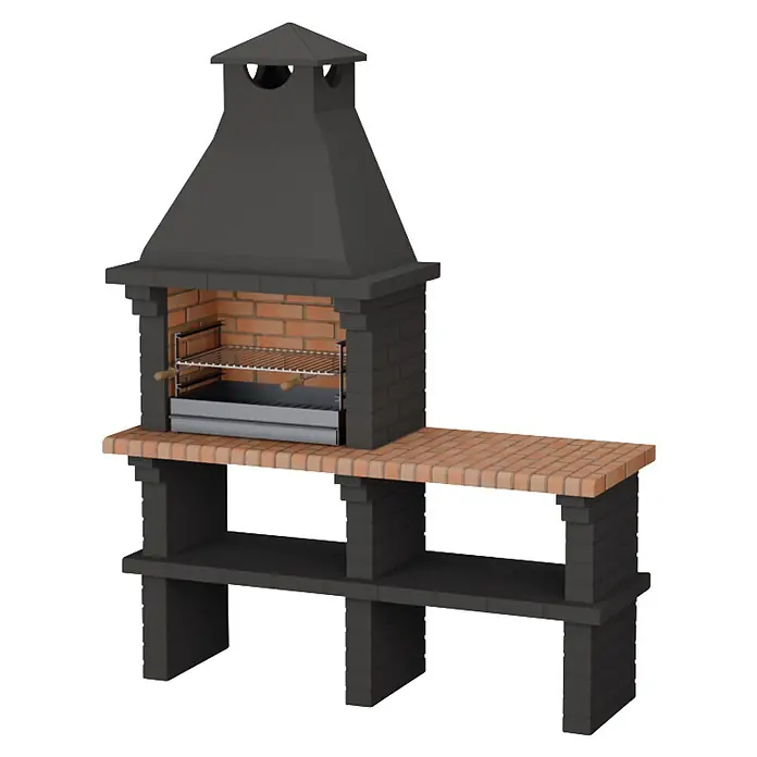Sotnas Barbacoa de obra Monaco - Gris, An x Pr x Al: 168 x 60 x 217 cm, Superficie parrilla: 60 x 38 cm, Sin fregadero - Barbacoa de ladrillo gris con chimenea y encimera de azulejos marrones claros adjunta, con parrilla metálica ajustable.