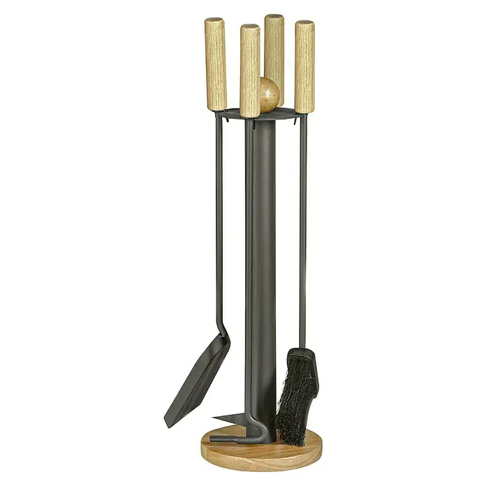 Lienbacher Kamingarnitur - 4 -tlg., Mit Holzgriffen, Anthrazit, Höhe: 64 cm - Ein Kaminbesteck mit hölzernen Griffen und einem schwarzen Metallsockel. Es beinhaltet eine Schaufel und einen Besen für die Reinigung.