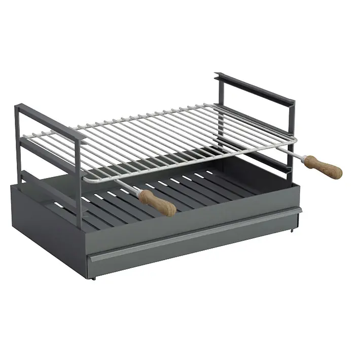 Sotnas Cajón para barbacoa - An x Pr x Al: 60 x 38 x 20 cm, Acero, De superficie - Parrilla de metal gris con rejilla blanca ajustable y asas de madera.