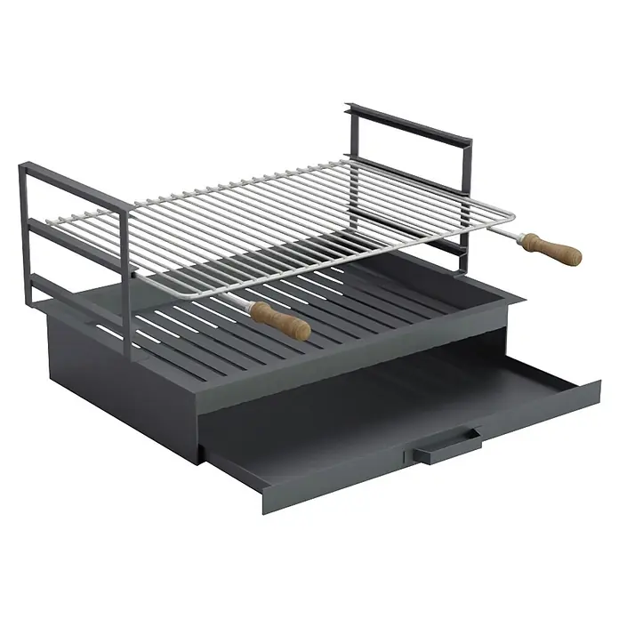 Sotnas Cajón para barbacoa - An x Pr x Al: 69 x 48 x 20 cm, Acero, Encastrada - Parrilla de metal gris con rejilla superior, parrilla en V y cajón de cenizas extraíble.