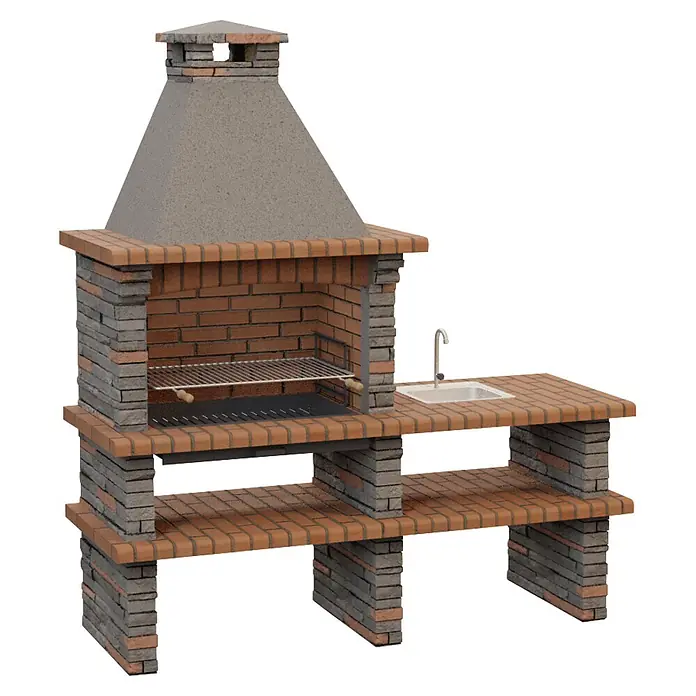 Sotnas Barbacoa de obra Berlim - Gris, An x Pr x Al: 200 x 73 x 226 cm, Superficie parrilla: 78 x 48 cm, Derecha - Barbacoa de exterior de ladrillo con chimenea, parrilla, fregadero integrado, encimera y dos estantes de almacenamiento.