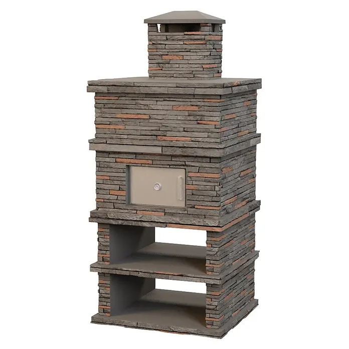 Sotnas Horno de piedra Londres - Gris, An x Pr x Al: 109 x 98 x 245 cm, Cemento de aluminato de calcio - Horno de pizza y barbacoa exterior grande de piedra apilada gris y marrón, con puerta metálica y dos estantes abiertos.