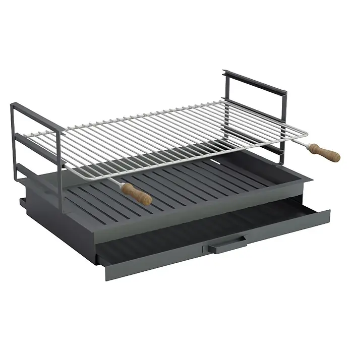 Sotnas Cajón para barbacoa - An x Pr x Al: 78 x 48 x 20 cm, Acero, Encastrada - Barbacoa de metal gris oscuro con parrilla superior blanca, parrilla inferior en V, mangos de madera y cajón de cenizas extraíble.