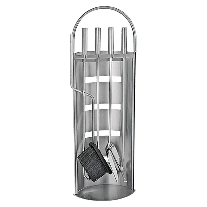 Lienbacher Juego de utensilios para chimenea - 4 pzs., Acero inoxidable, Altura: 68 cm - La imagen muestra un juego de herramientas para chimenea plateado con pala, cepillo, atizador y tenazas, cuidadosamente dispuesto en un soporte, sobre un fondo neutro.