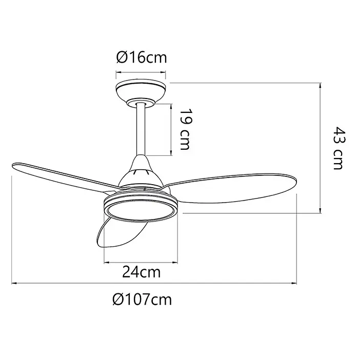 Alemar Ventilador de techo Mahon - Blanco/Madera, 107 cm - Dibujo técnico de un ventilador de techo de 3 aspas. Dimensiones principales: 107cm de diámetro y 43cm de altura total.