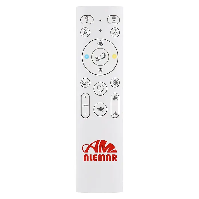 Alemar Ventilador de techo Mahon - Blanco/Madera, 107 cm - Mando a distancia blanco ALEMAR para luz y ventilador, con botones para luz (blanca, RGB), brillo, velocidad del ventilador, temporizador y modo reposo.
