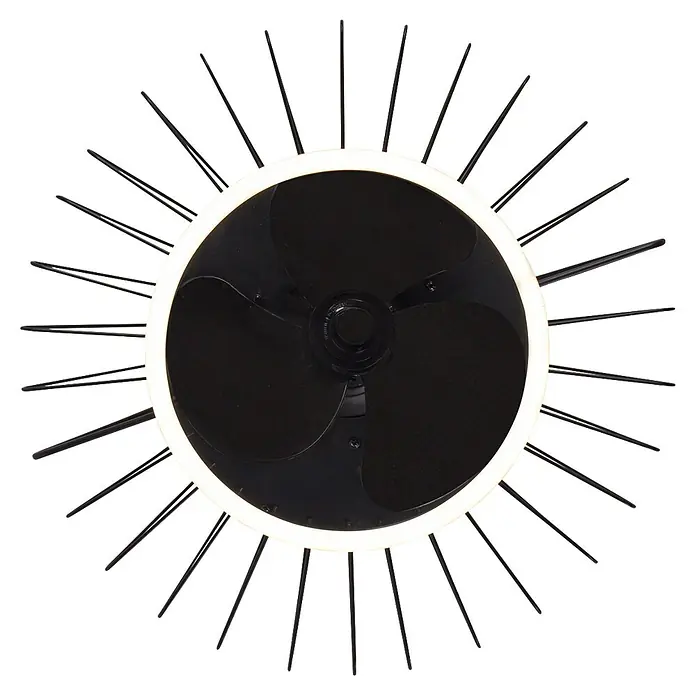 Alemar Ventilador de techo Malabo - Negro, 50 cm, 31 W, Blanco neutro - Ventilador/luz circular negro con anillo luminoso blanco y varillas negras radiantes, con diseño de sol.