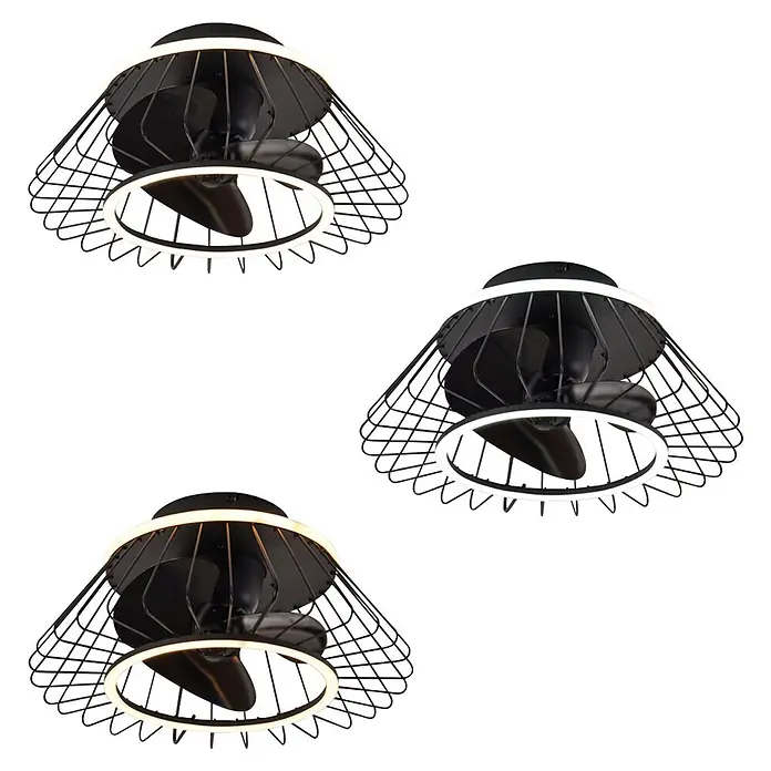 Alemar Ventilador de techo Malabo - Negro, 50 cm, 31 W, Blanco neutro - Ventilador de techo negro con anillo de luz LED integrado, encerrado en una jaula de alambre negra.