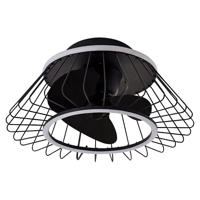 Alemar Ventilador de techo Malabo - Negro, 50 cm, 31 W, Blanco neutro - Ventilador de techo negro con diseño de jaula y anillos de luz LED integrados.